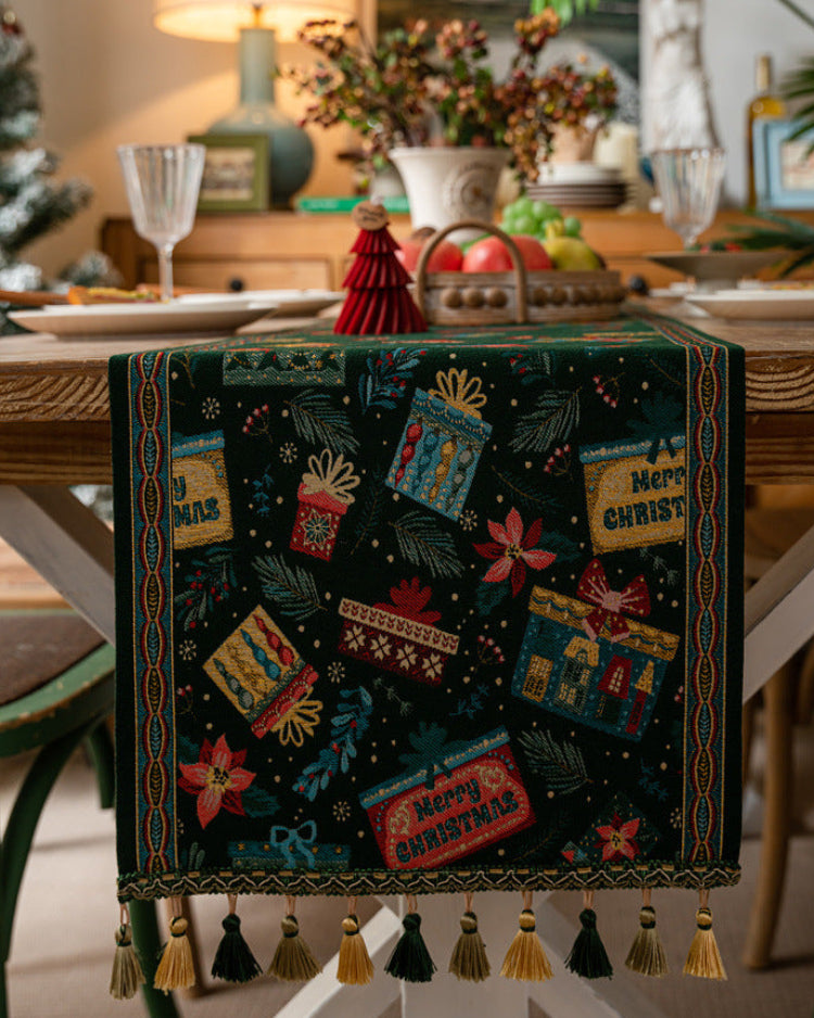 Close-up of woven Christmas gift and poinsettia pattern