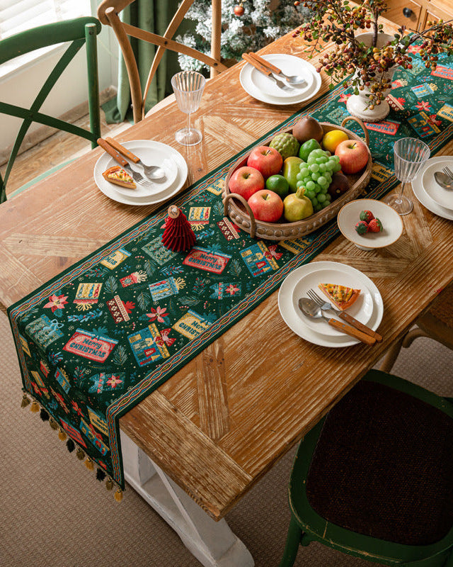 Christmas table runner on a wooden holiday dining table