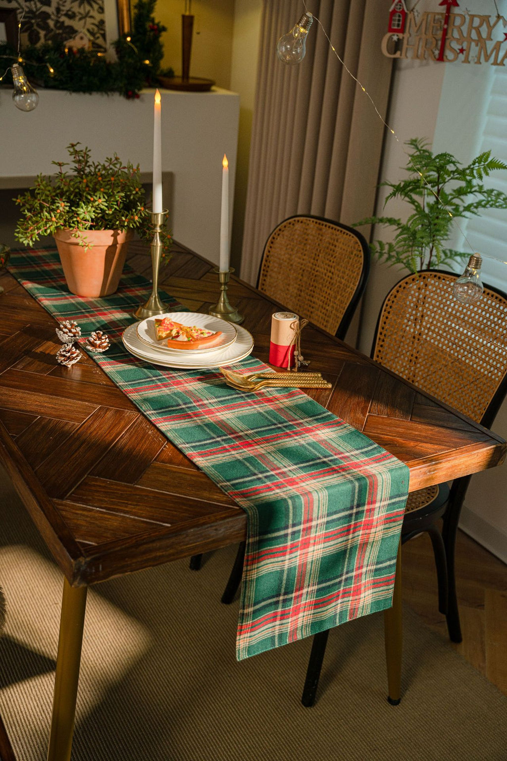 Green and red Christmas plaid table runner, tartan check