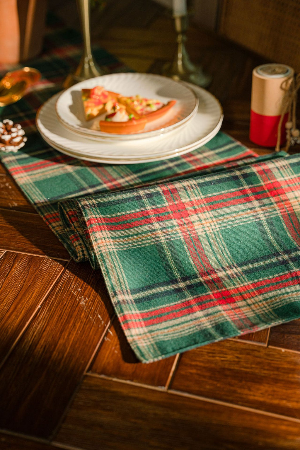 Close-up of green red and cream tartan plaid weave