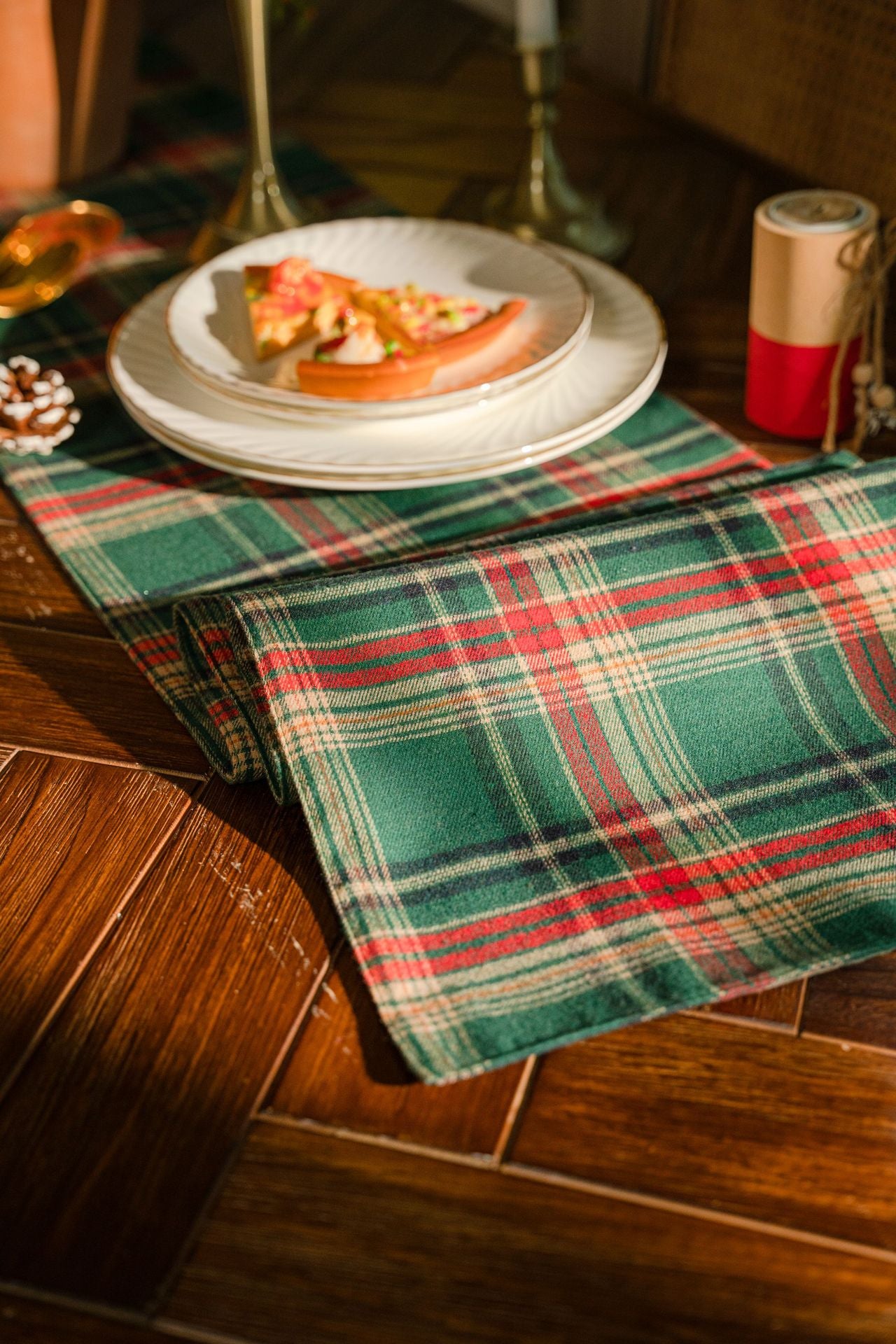Close-up of green red and cream tartan plaid weave