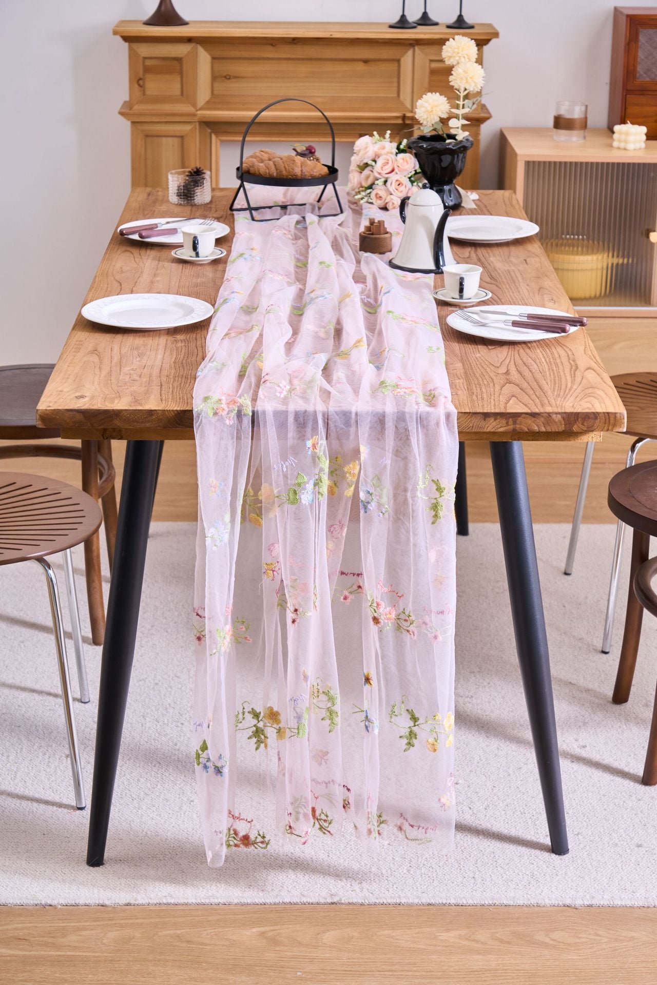 Sheer Floral Embroidered Table Runner — Romantic Wedding Party Decor
