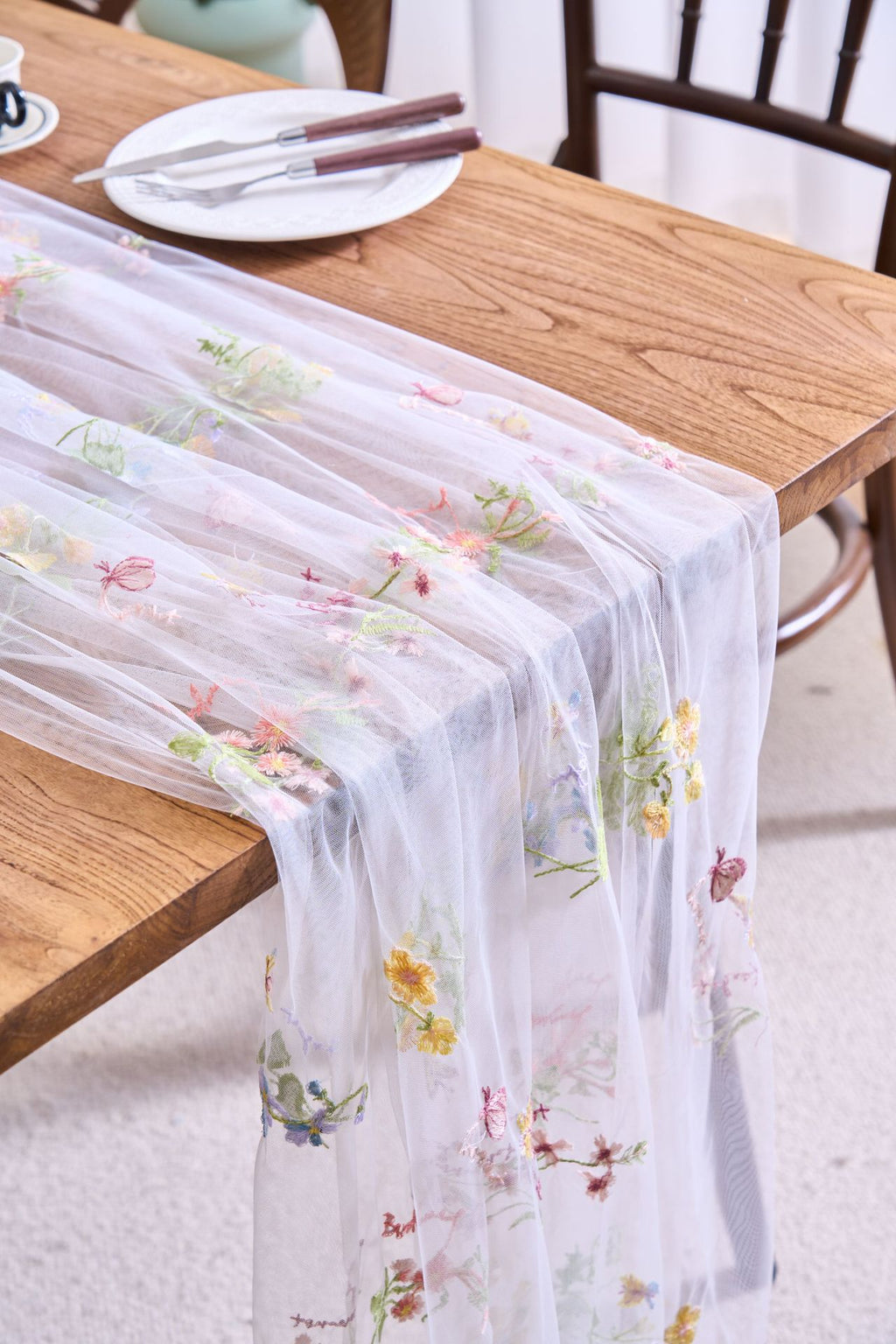 Sheer Floral Embroidered Table Runner — Romantic Wedding Party Decor