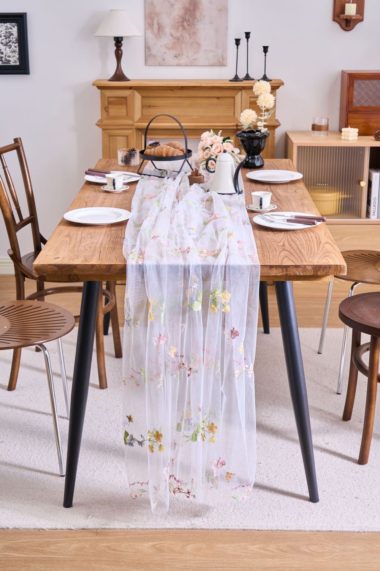 Sheer Floral Embroidered Table Runner — Romantic Wedding Party Decor