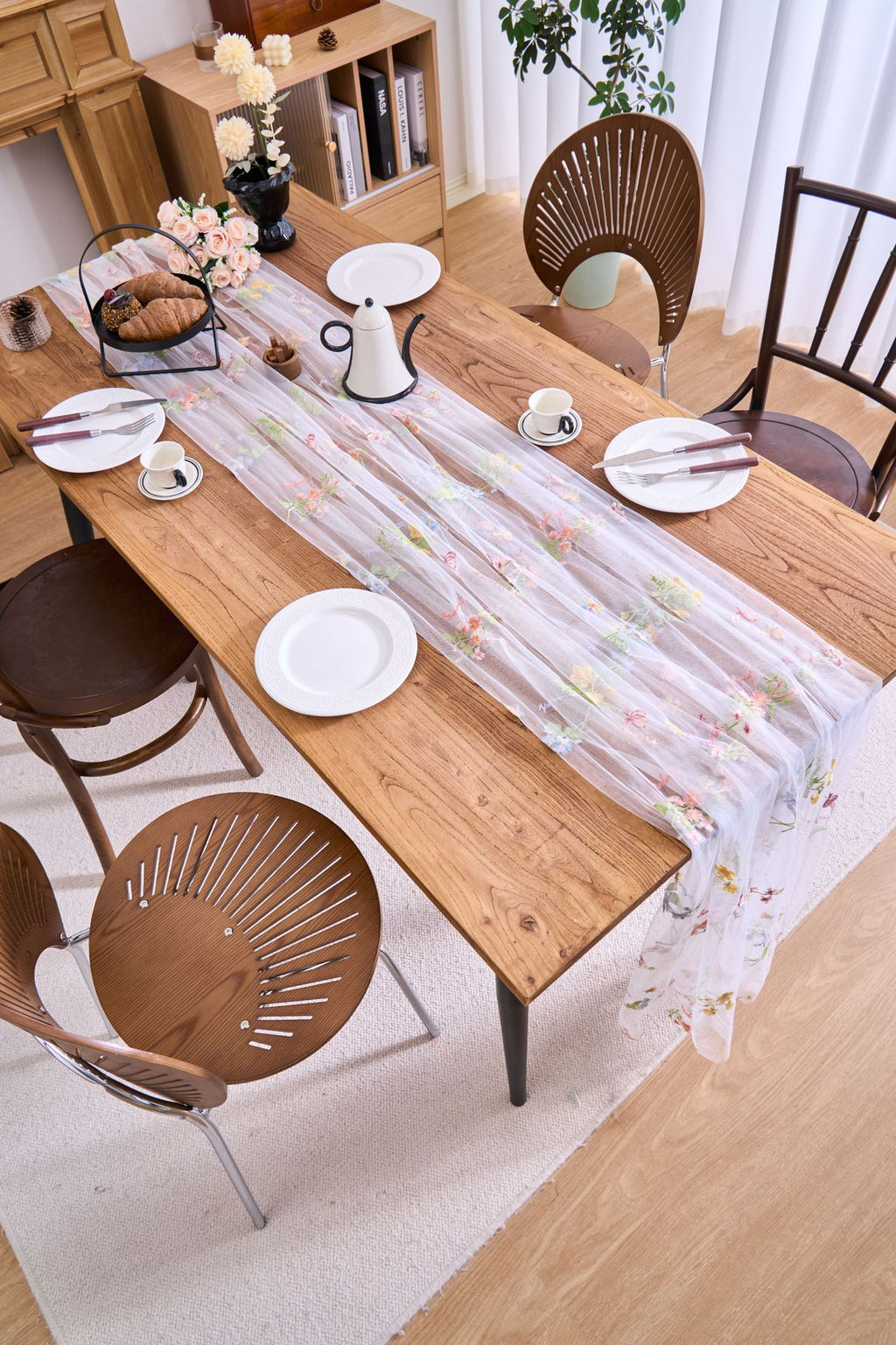 Sheer Floral Embroidered Table Runner — Romantic Wedding Party Decor
