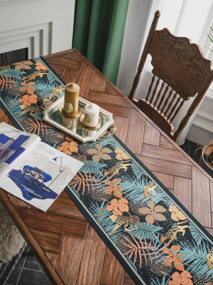 Tropical Jungle Table Runner with Tassels — Boho Leopard Palm Leaf Decor
